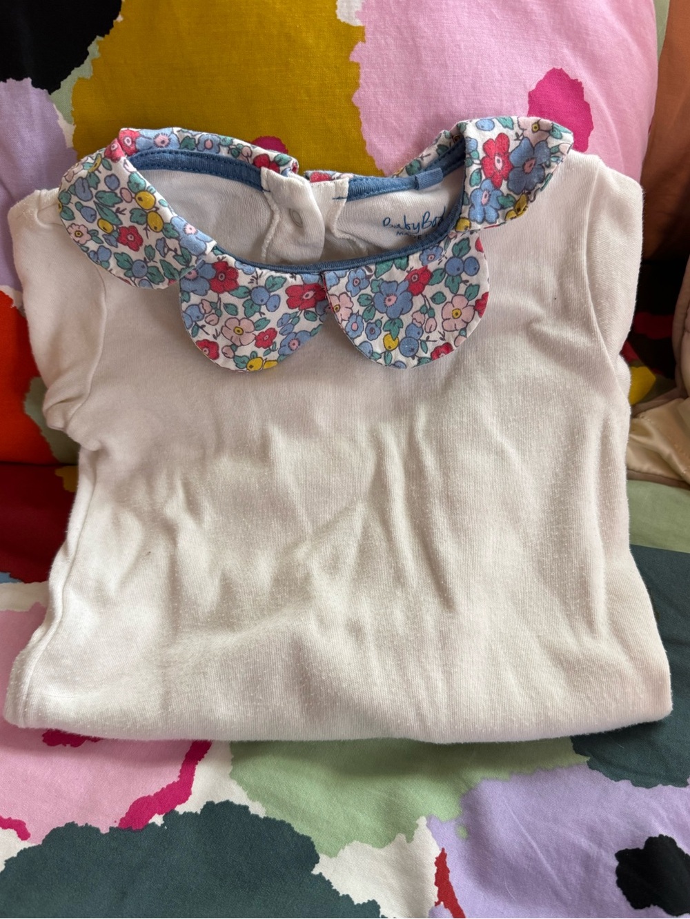 Boden Girl Long-Sleeve Bodysuit with Flower Petal Peter Pan Collar, 12-18 months